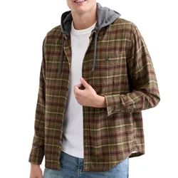A person is wearing a plaid button-up shirt with a hood layered over a white T-shirt and blue jeans.