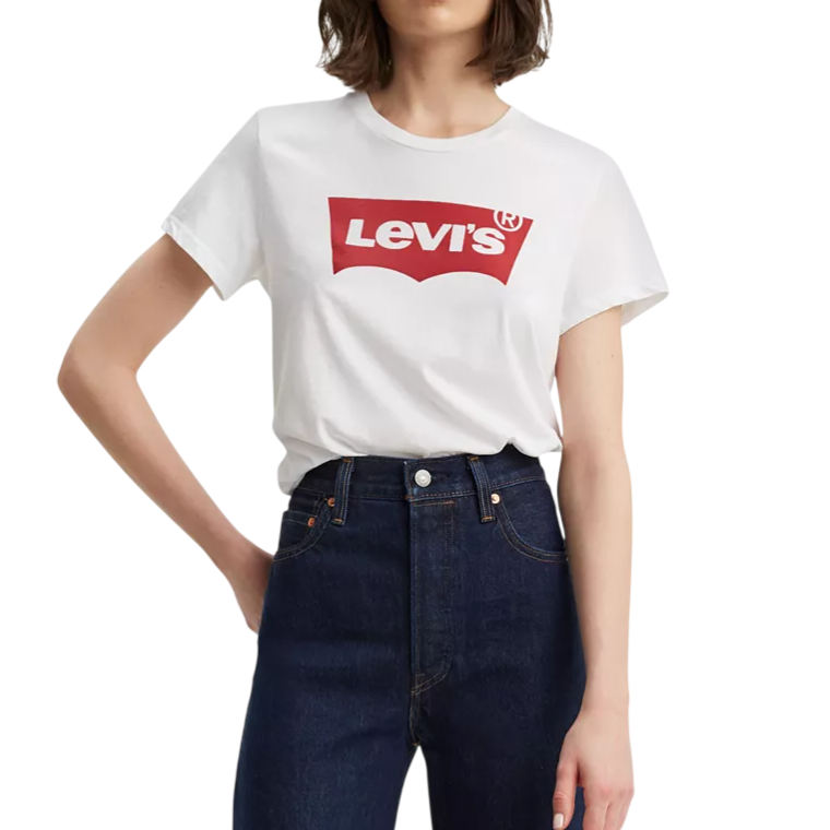 A person is wearing a white T-shirt with a red Levi's logo and high-waisted dark blue jeans.