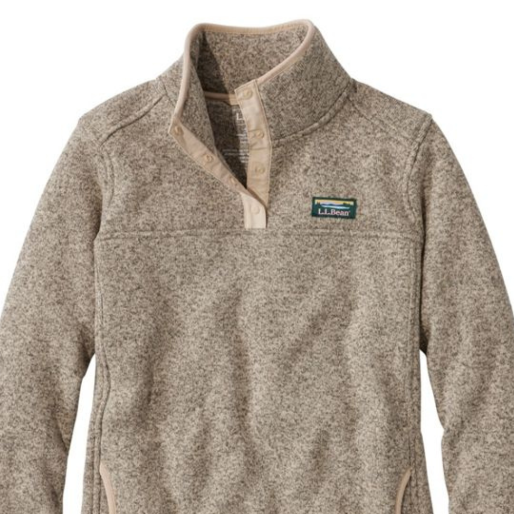 A beige heathered pullover with a high collar, partial button placket, and an L.L. Bean logo on the chest.