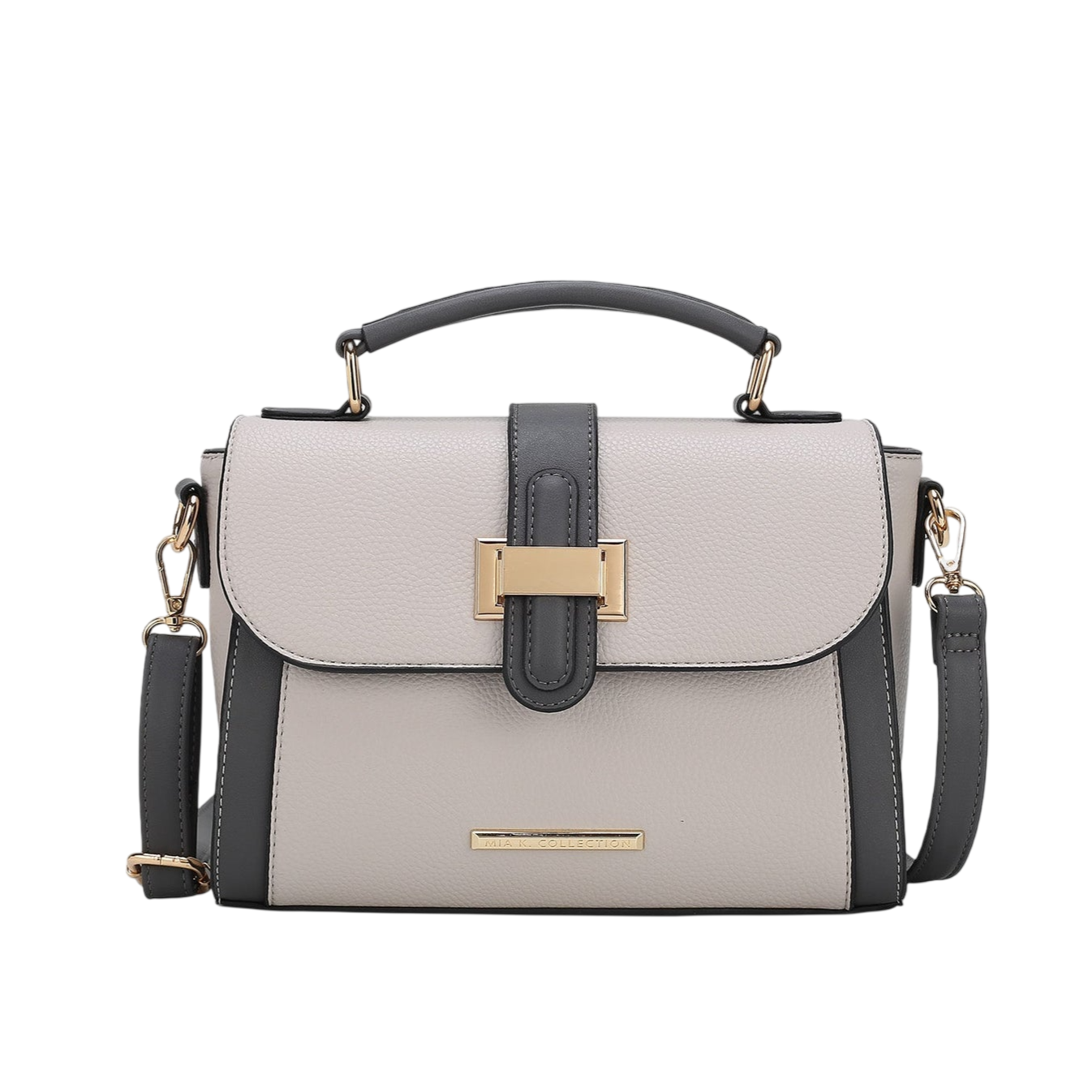 A two-tone handbag with a top handle and detachable shoulder strap, featuring a front flap with a gold-tone buckle and accent.