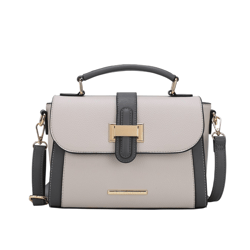 A two-tone handbag with a top handle and detachable shoulder strap, featuring a front flap with a gold-tone buckle and accent.