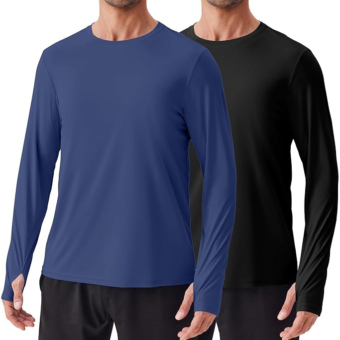 Two men's long-sleeve sun-protection shirts, one blue and one black, designed for UV protection. They feature a crew neck and are suitable for outdoor activities.