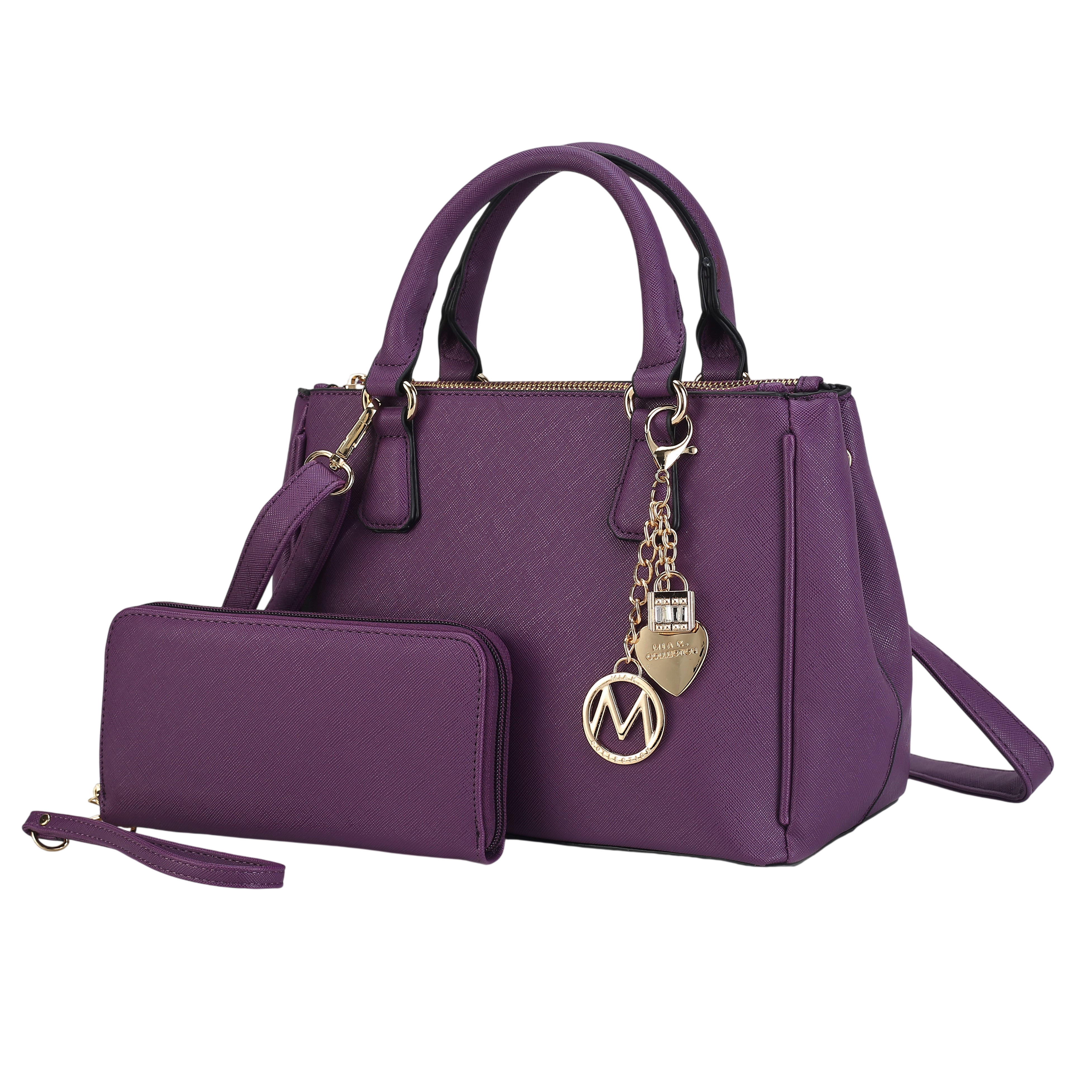A purple handbag with a detachable shoulder strap and a matching wallet, both adorned with gold accents and a decorative charm.
