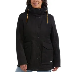 A black hooded winter jacket with button closure, front pockets, and yellow drawstrings.