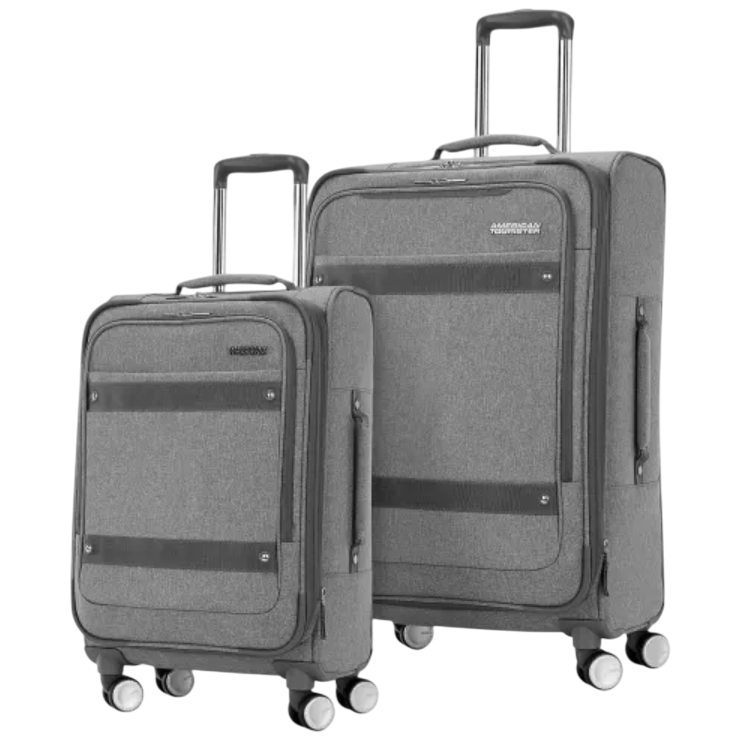 Two grey wheeled suitcases with telescopic handles; one is smaller and one is larger. Both have front zippered compartments and spinner wheels for easy maneuverability.