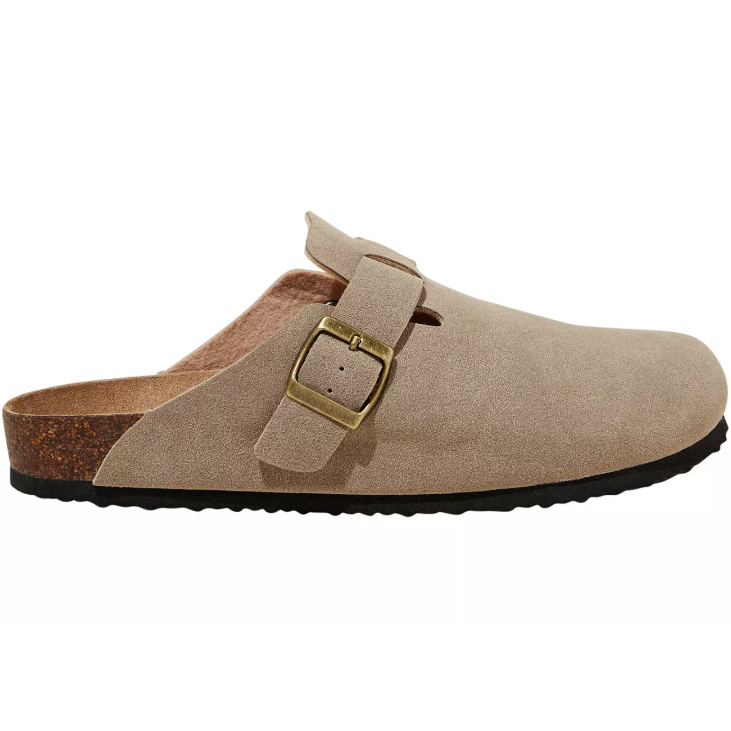 Tan suede slip-on clog with a buckle strap and cork footbed, featuring a black outsole.
