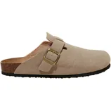 Tan suede slip-on clog with a buckle strap and cork footbed, featuring a black outsole.