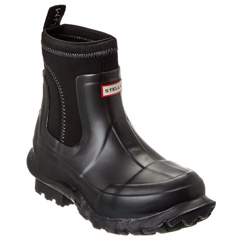 Black waterproof ankle boot with a rugged sole, pull tab, and elastic side panels for easy wear.