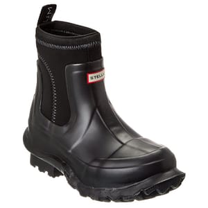 Black waterproof ankle boot with a rugged sole, pull tab, and elastic side panels for easy wear.