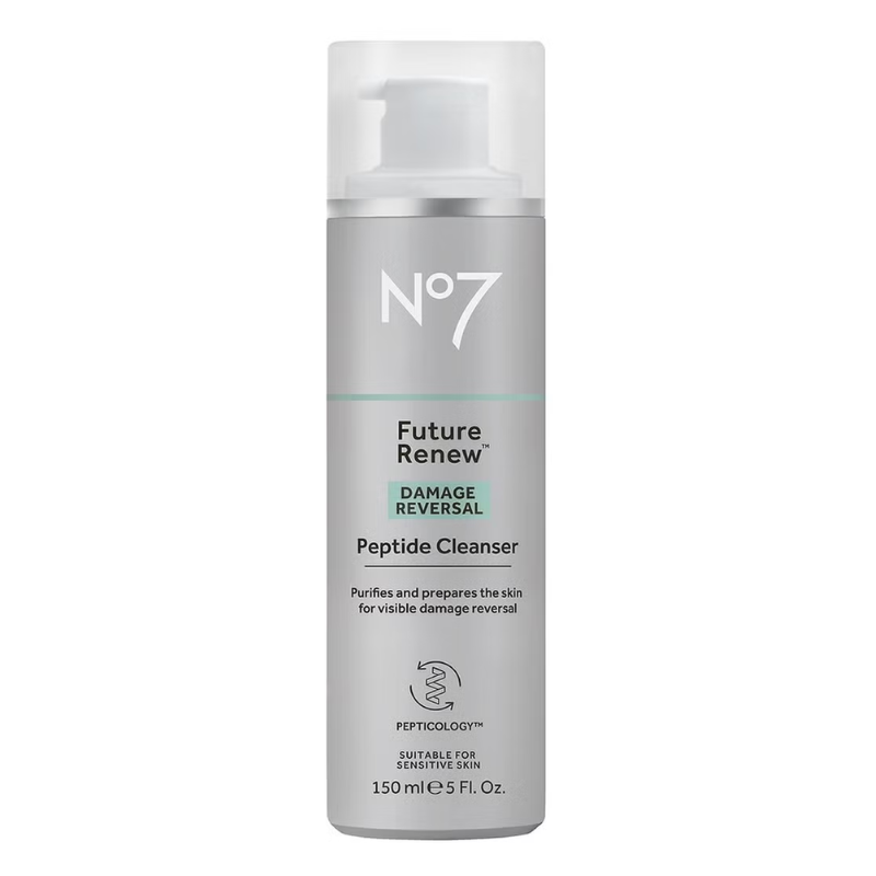 No7 Future Renew Damage Reversal Peptide Cleanser, 150 ml, purifies and prepares the skin for visible damage reversal. Suitable for sensitive skin.