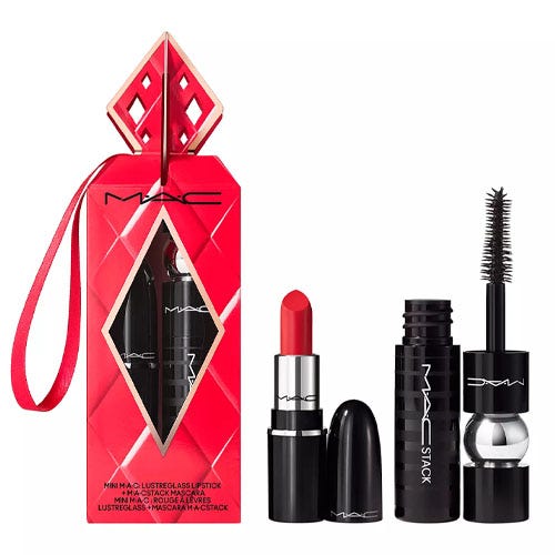 MAC gift set featuring a red mini lipstick and mini MACStack mascara, packaged in a decorative red box.