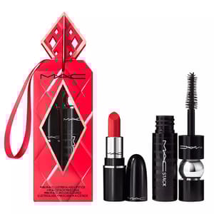 MAC gift set featuring a red mini lipstick and mini MACStack mascara, packaged in a decorative red box.