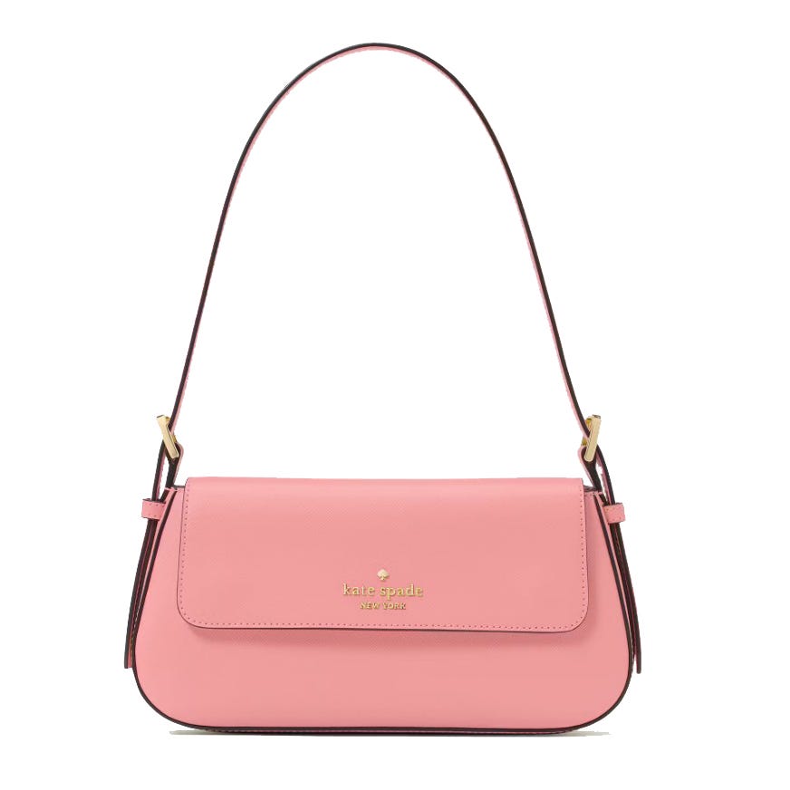 A pink Kate Spade shoulder bag with a sleek rectangular design, featuring gold-tone hardware and branding on the front flap.