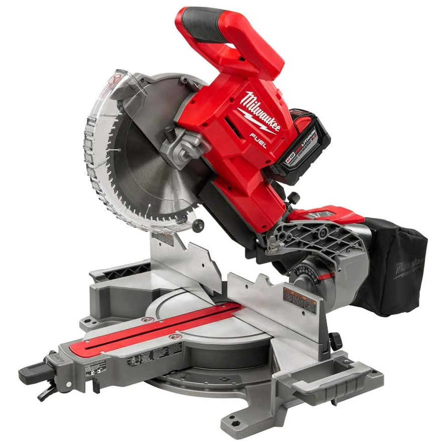 Milwaukee M18 Fuel 10-Inch Dual Bevel Sliding Compound Miter Saw Kit featuring a cordless design with a lithium-ion battery, red housing, adjustable cutting angles, and a blade guard.