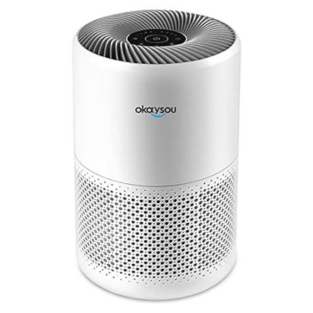 White cylindrical air purifier with a digital interface on top and perforated design around the lower half.