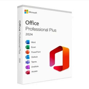 Microsoft Office Professional Plus 2024 box showing Word, Excel, PowerPoint, Outlook, Teams, OneNote, and Access applications.