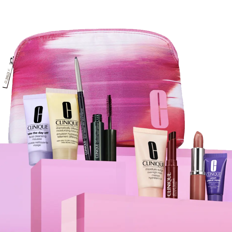 Cosmetics set with makeup remover, moisturizers, mascara, eyeliner, and lipstick in a pink gradient pouch.