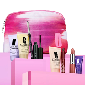 Cosmetics set with makeup remover, moisturizers, mascara, eyeliner, and lipstick in a pink gradient pouch.