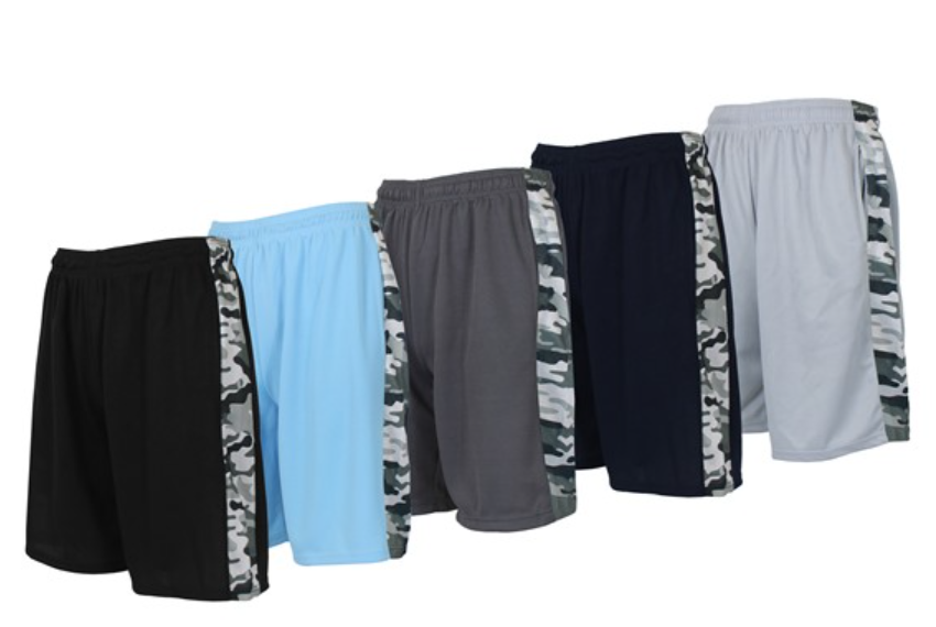 A set of six various colored basketball shorts with side stripes, displayed on a white background.