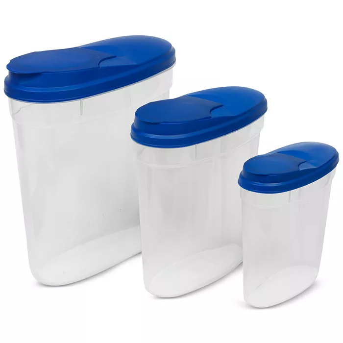 A 3-piece Sedona Cereal Storage Set featuring three clear containers with blue lids, designed for storing cereals. The containers vary in size and have a practical flip-top for easy pouring.