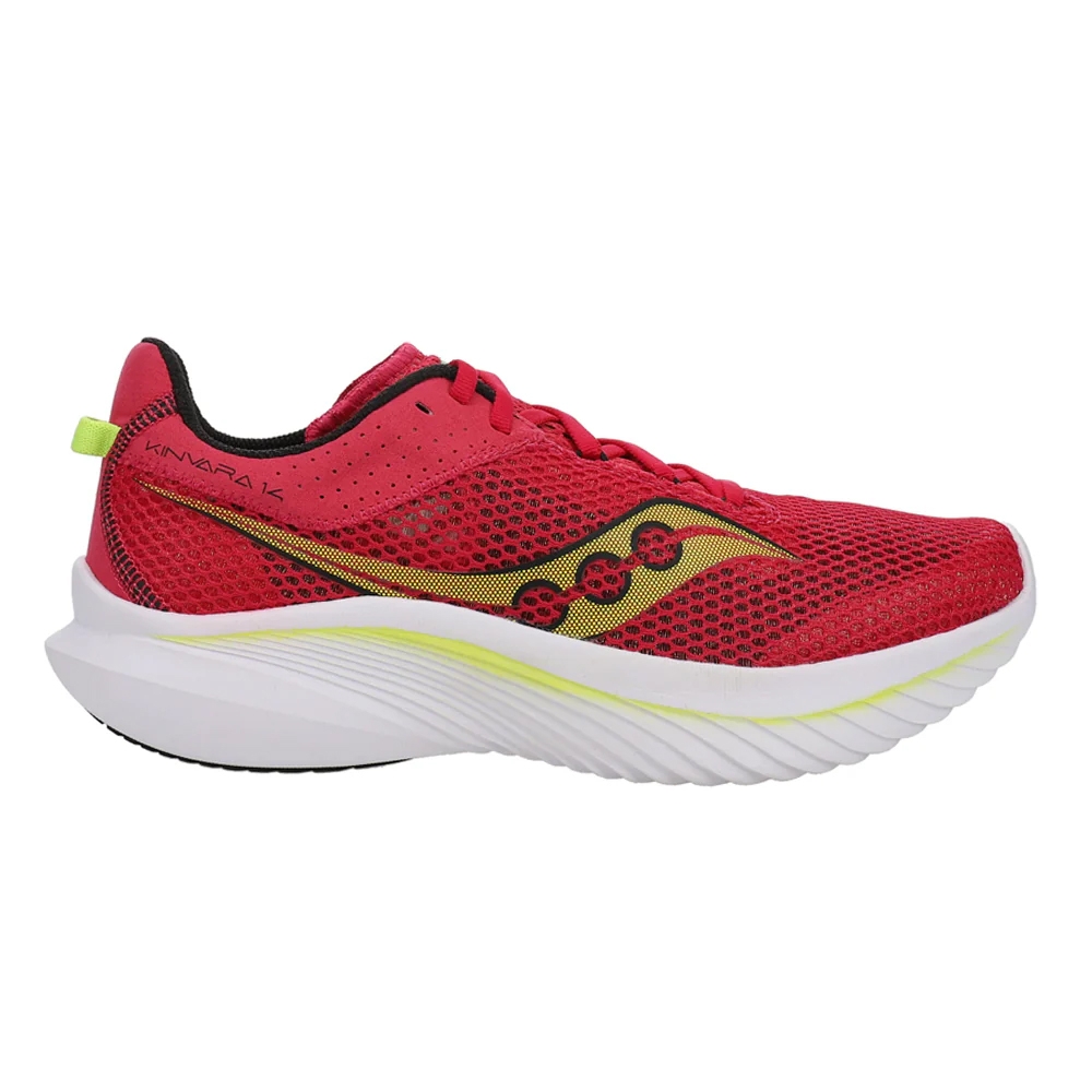 Saucony Women's Kinvara 14 Shoes feature a vibrant red mesh upper with a sleek black and yellow logo, cushioned white sole, and neon green accents, designed for lightweight and comfortable running performance.