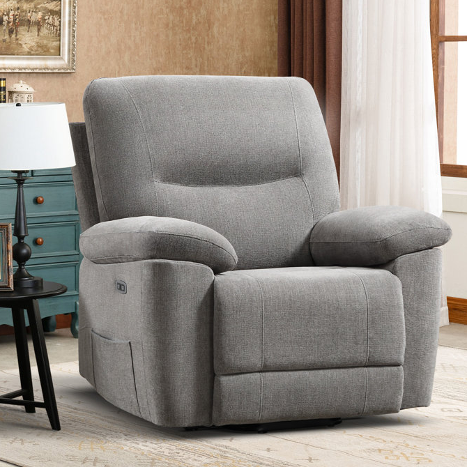 A gray fabric power-lift recliner with padded arms and backrest, featuring a modern design and a side pocket for storage.
