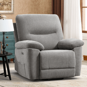 A gray fabric power-lift recliner with padded arms and backrest, featuring a modern design and a side pocket for storage.