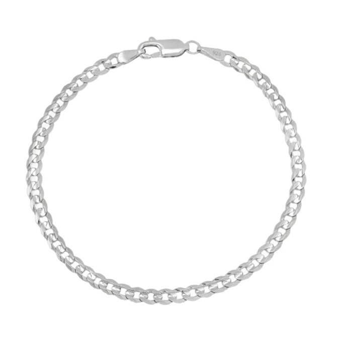 A sterling silver bracelet with a curb chain design and a lobster clasp. The tag reads \“925,\“ indicating its silver purity.