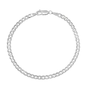 A sterling silver bracelet with a curb chain design and a lobster clasp. The tag reads \“925,\“ indicating its silver purity.