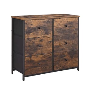 A wooden dresser with a rustic finish featuring six drawers and a metal frame for support.