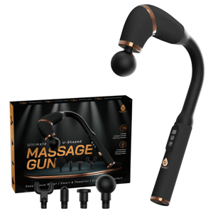 U-shaped massage gun with multiple attachments, including different shaped massage heads. The packaging highlights features such as deep tissue relief, ergonomic design, and smart technology with adjustable speeds.