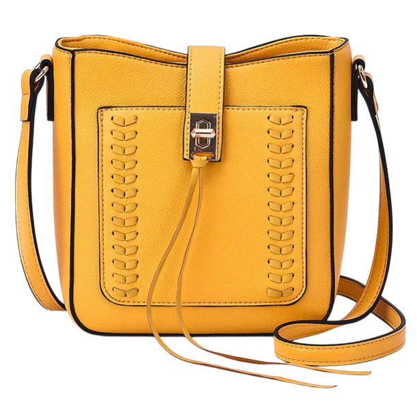 A yellow crossbody bag with intricate stitching on the front, featuring a strap closure and adjustable shoulder strap.