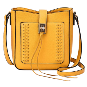A yellow crossbody bag with intricate stitching on the front, featuring a strap closure and adjustable shoulder strap.