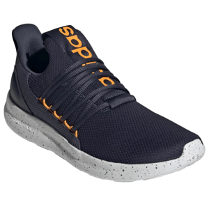 Dark athletic sneaker with orange branding on the tongue, featuring a textured mesh upper, elastic lacing, and a speckled white sole with \“Cloudfoam\“ inscription.