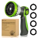 Thumb control garden nozzle sprayer with 10 adjustable patterns, ergonomic design, and leak-proof construction. Includes four extra rubber washers, compatible with standard garden hoses, in lawn green color.
