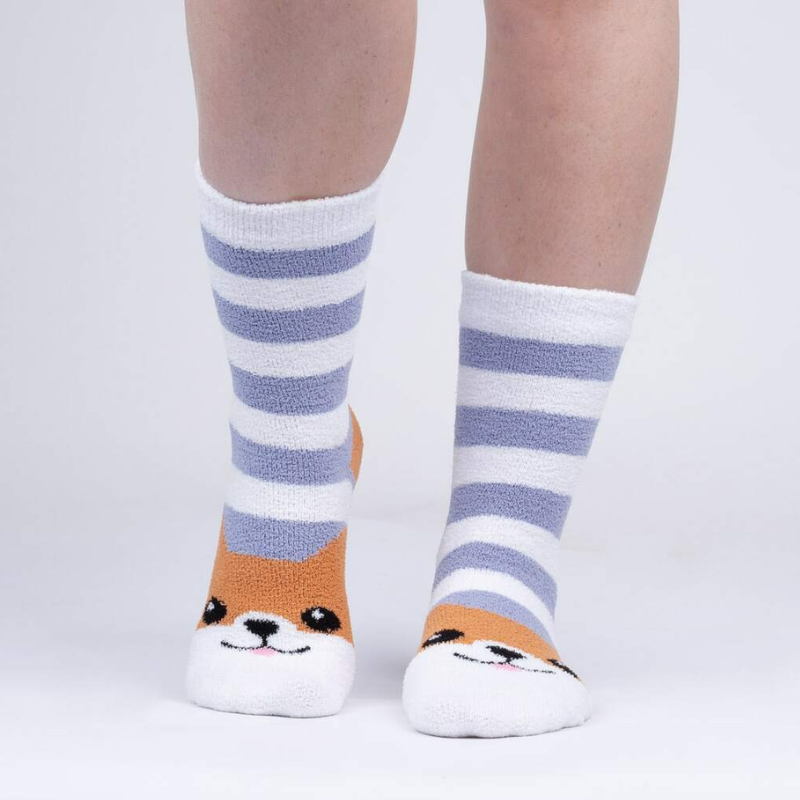 Knee-high slipper socks with white and grey stripes feature a cute Corgi face on the toes.