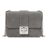 A gray suede crossbody bag with a chain strap and a front flap closure featuring a silver turn-lock clasp.