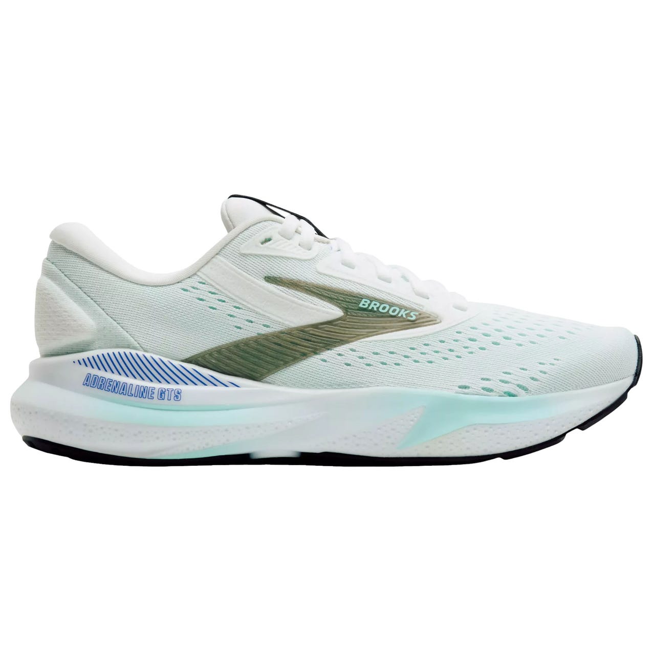 Brooks Adrenaline GTS running shoe in a light colorway with a breathable mesh upper and cushioned sole, featuring stability support and a sleek design.