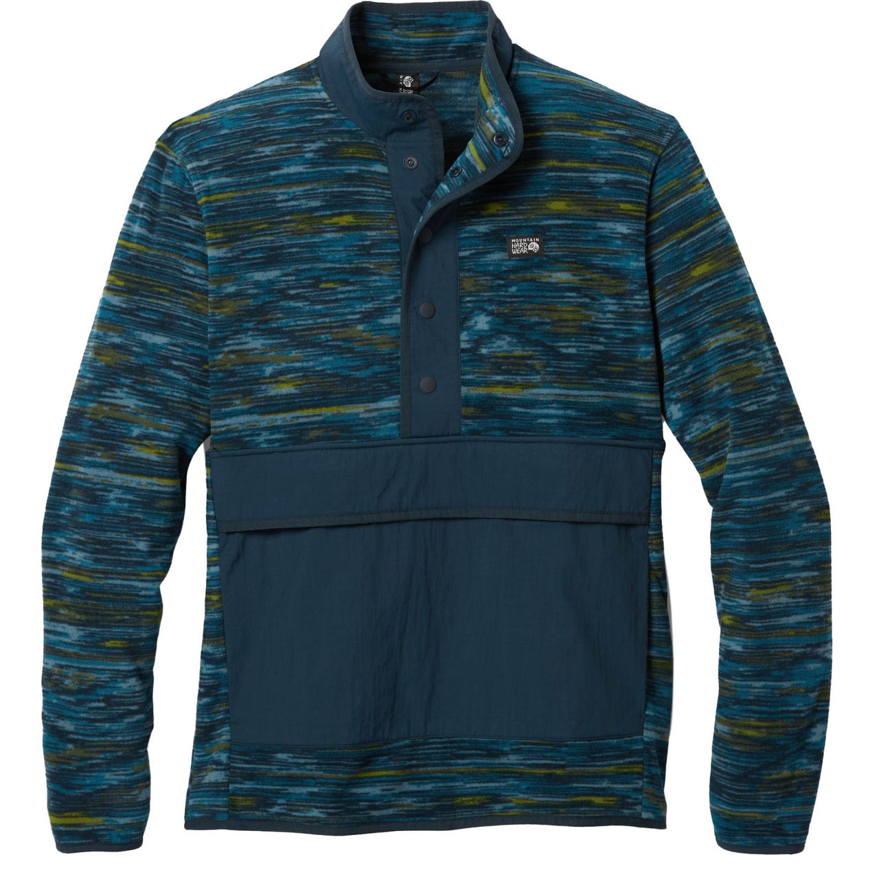 Mountain Hardwear Microchill Pullover features a multicolored pattern with a three-button placket, high collar, and a large front pocket. It's designed for warmth with a soft, fleece-like texture.