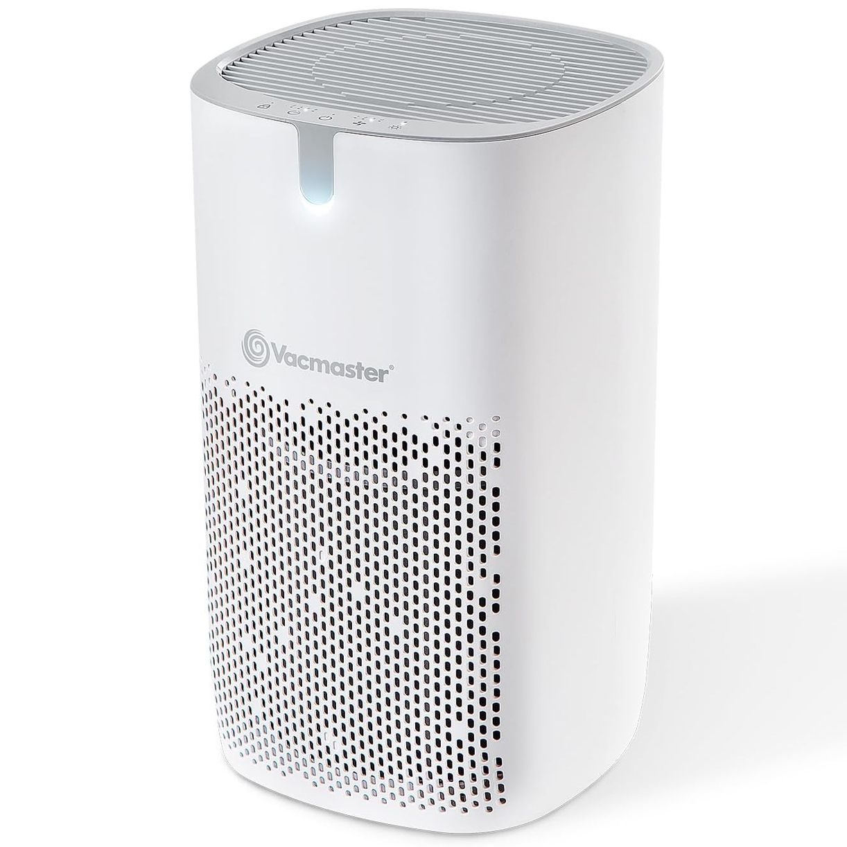 White Vacmaster HEPA air purifier with a sleek design, perforated front, and a vented top. Features a subtle control panel on top with indicator lights, suitable for modern indoor spaces.