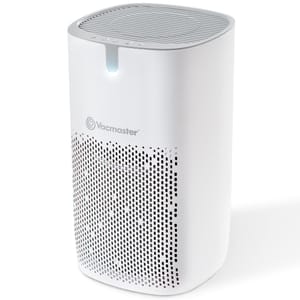 White Vacmaster HEPA air purifier with a sleek design, perforated front, and a vented top. Features a subtle control panel on top with indicator lights, suitable for modern indoor spaces.