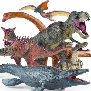 A collection of realistic dinosaur and prehistoric animal figures, featuring models like T-Rex, Pteranodon, and Velociraptor, showcasing detailed textures and vibrant colors.