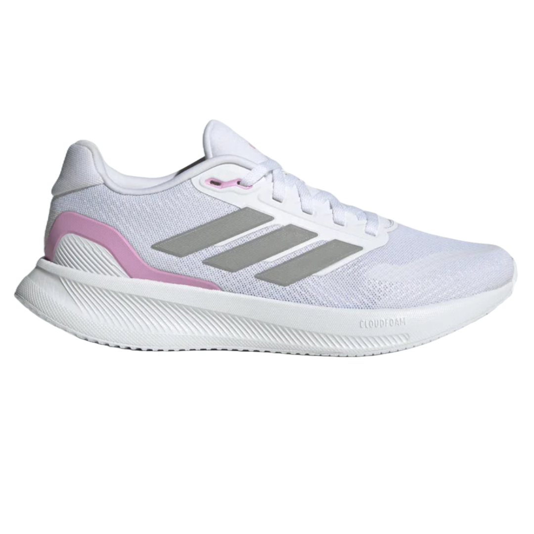 Adidas Women's Runfalcon 5 Shoes feature a white mesh upper with a pink heel accent and grey signature stripes. Designed with Cloudfoam cushioning, these athletic shoes offer comfort and support.