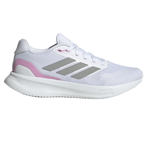 Adidas Women's Runfalcon 5 Shoes feature a white mesh upper with a pink heel accent and grey signature stripes. Designed with Cloudfoam cushioning, these athletic shoes offer comfort and support.
