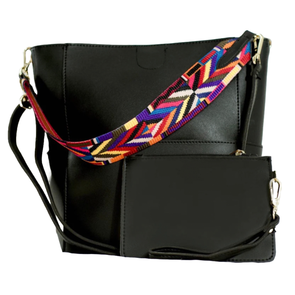 Black handbag and detachable pouch with a colorful, patterned strap featuring geometric designs in red, purple, orange, and white.