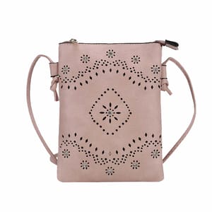 A small pink crossbody bag with floral perforated designs and a zipper closure. It features an adjustable strap and decorative tassels.