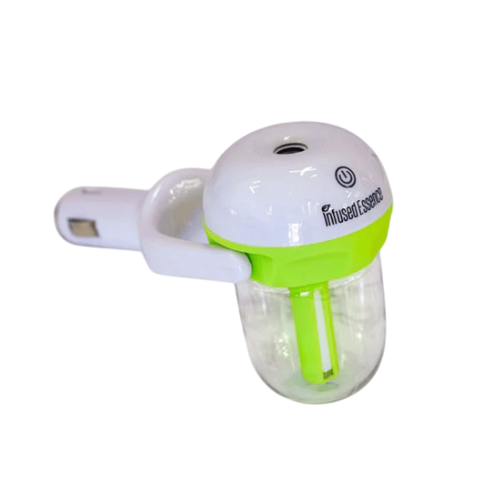A compact car humidifier and diffuser with a green and white design, featuring a USB connector for power.