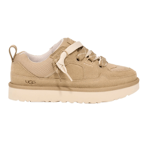 A beige sneaker by UGG featuring suede and mesh material, with a thick sole and a pull tab at the heel.