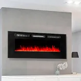 Wall-mounted electric fireplace with a sleek black frame, featuring realistic LED flame effects above a white shelf and a decorative lamp.