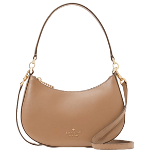 A tan leather shoulder bag with gold-tone hardware and a detachable strap. The front features the embossed \“kate spade NEW YORK\“ logo.